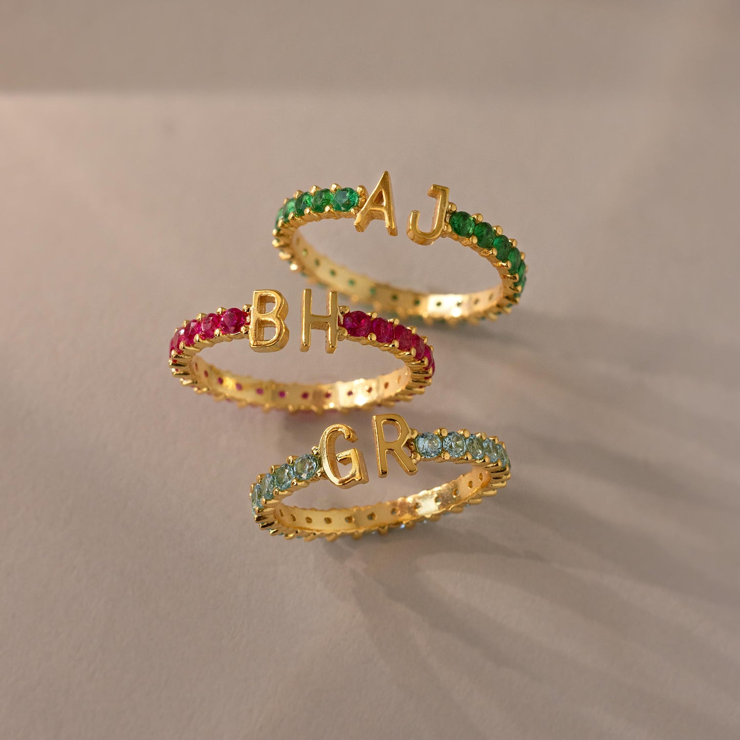 Duo Initial Birthstone Tennis Ring in 18K Gold