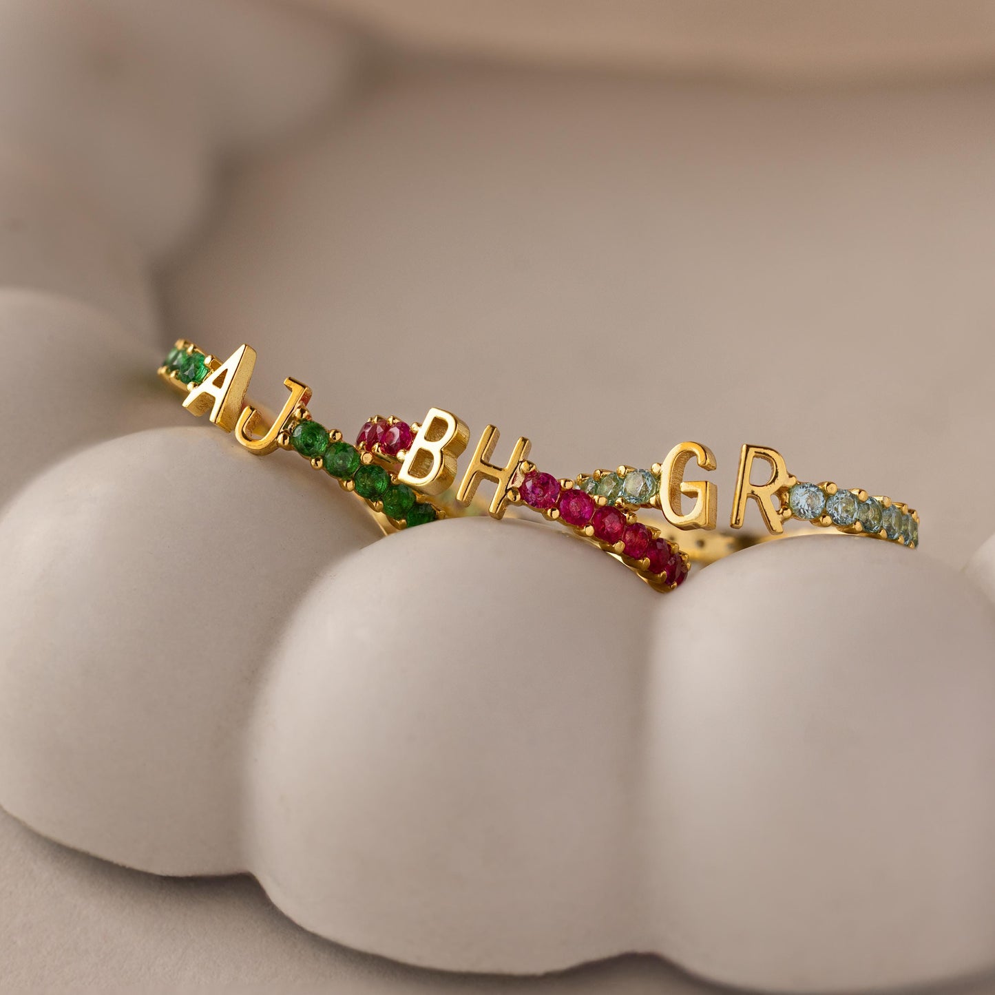 Duo Initial Birthstone Tennis Ring in 18K Gold